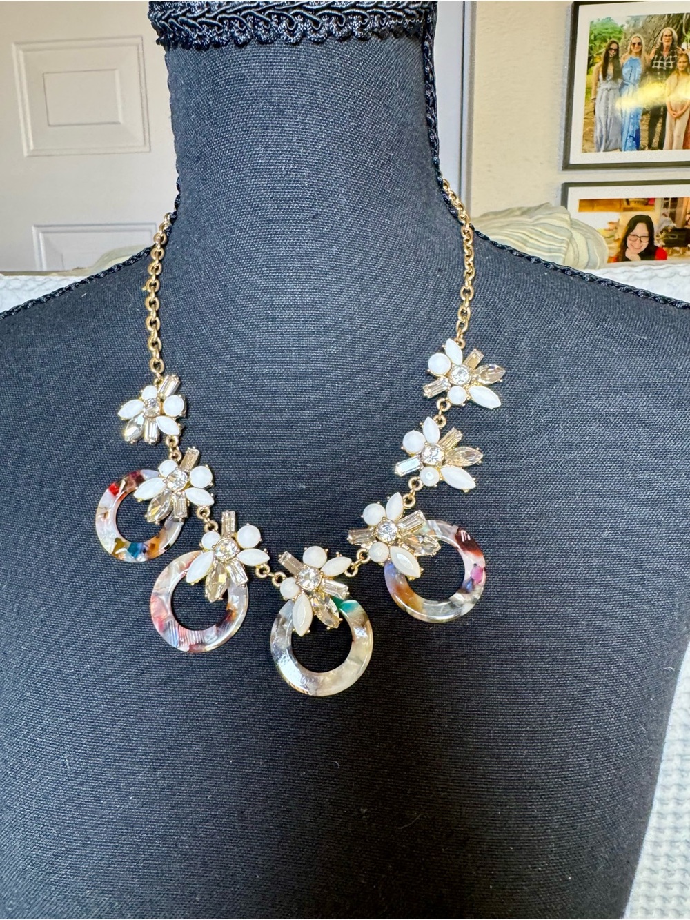Time+Tru Multi Color Resin Hoop Bib Necklace, Floral Rhinestone- 11 Inches